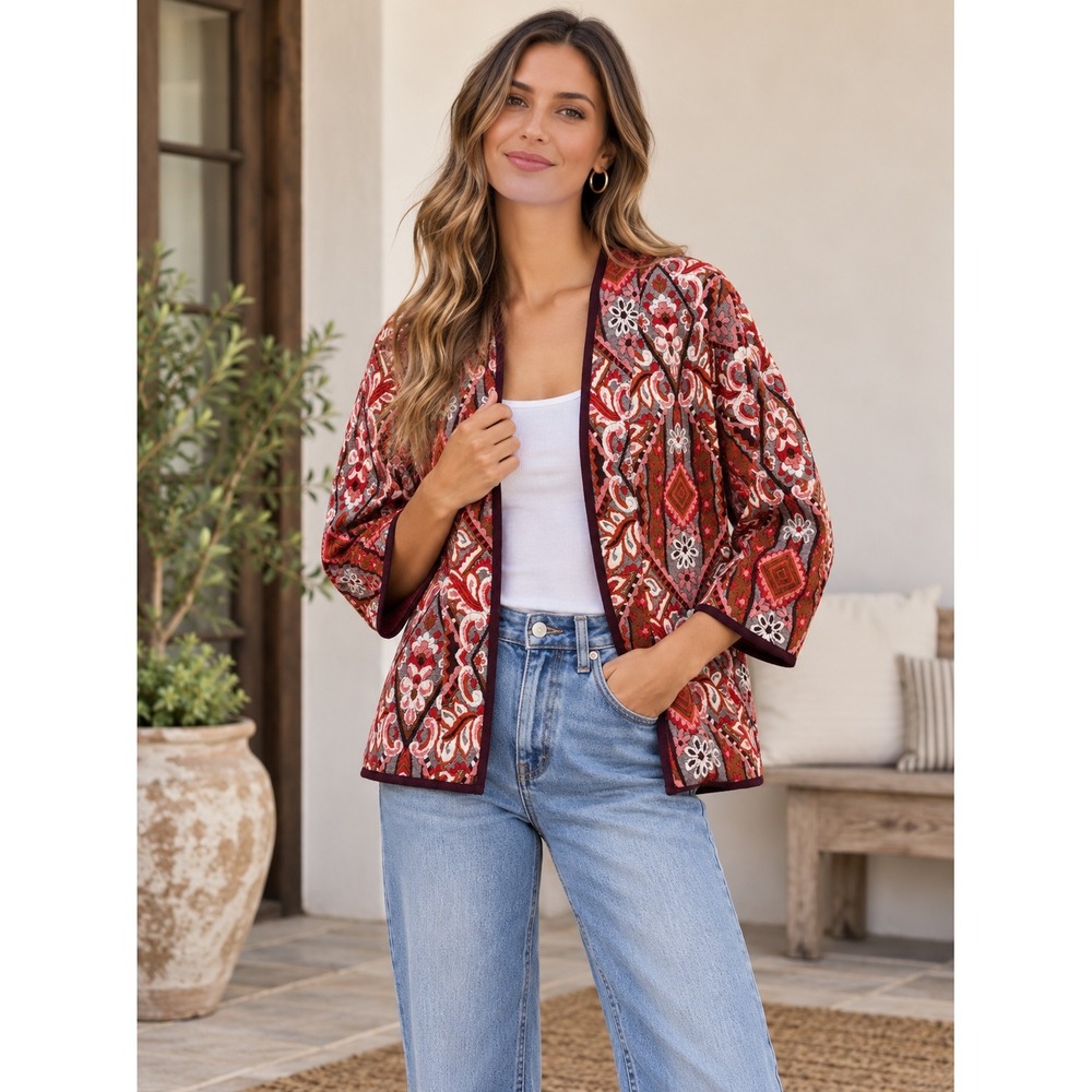 F&F Women Red Geometric Tapestry Open Front Cardigan Jacket Sz 14 486-4345
